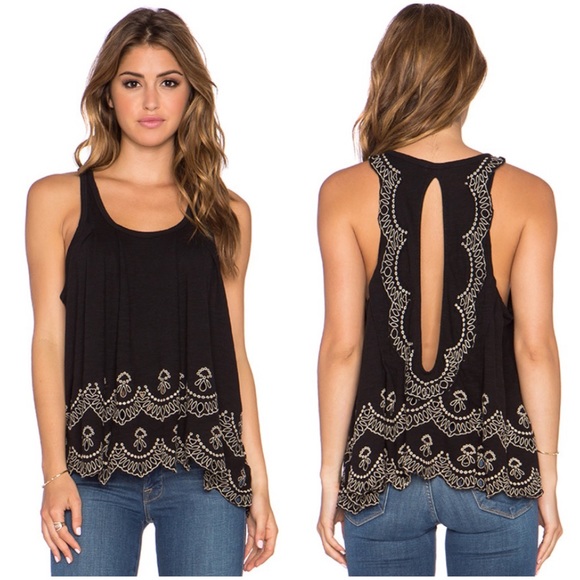 Free People Tops - FREE PEOPLE Black Scalloped Open Back Slub Tank S